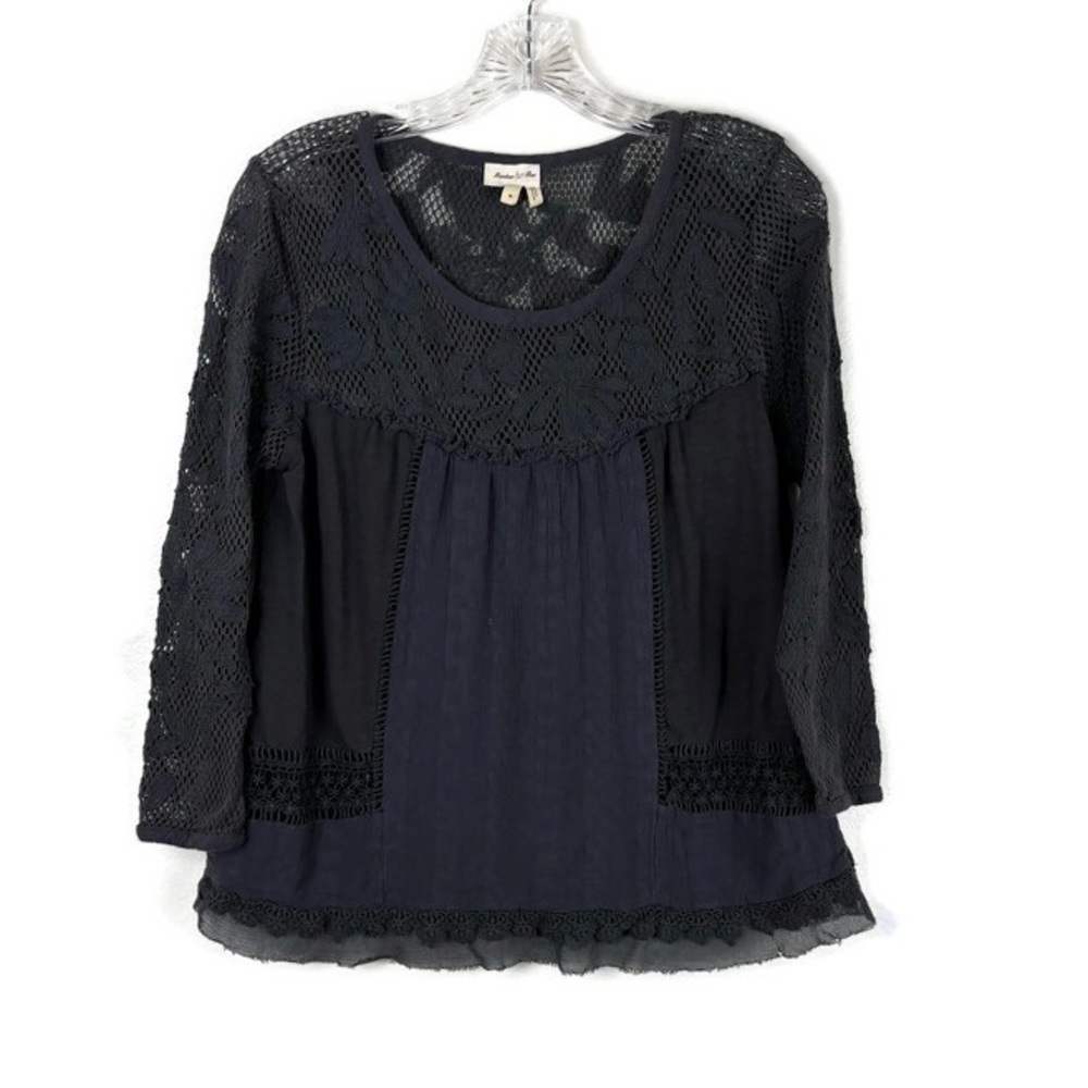 Meadow Rue Anthropologie Mixed Media Patchwork Mesh Lace Floral Blouse in Gray